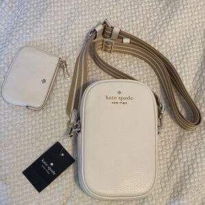 kate spade White Pebbled Crossbody with Striped Tan Strap and Coin Pouch